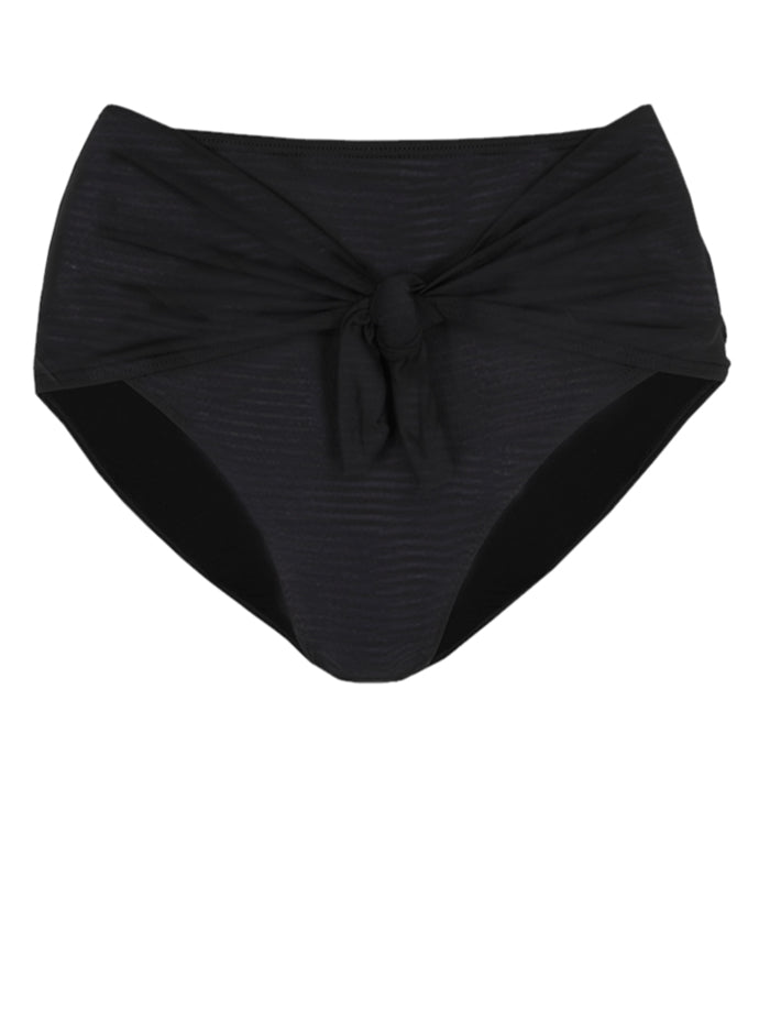 MARSEILLE - Ebony. This high-waisted bikini bottom has a front tie knot that allows adustibilty to flatter the silhouette, whilst also providing extra coverage at the same time. Flattering high cut leg and medium bottom coverage.
