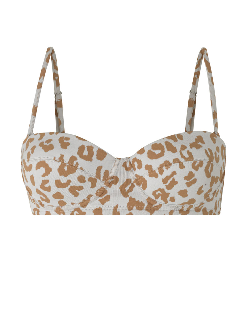 POSITANO - Caramel Leopard. This 1960s vintage feel bikini top is designed with a bandeau shape, removable straps and underwriting. This top is ideal for a medium bust, the underwriting and firm cup offer extra support. This bikini also has the signature PRISM gunmetal clasp at the centre.