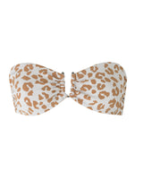 PUERTO VIEJO - Caramel Leopard. This feminine silhouette is a bandeau-style top with soft gathered cups. Suitable for small to medium bust. The U-shaped gunmetal bar as the front holds the bikini top firmly in place. This top does not feature straps but has the gunmetal hook and fabric fastening at the centre back.