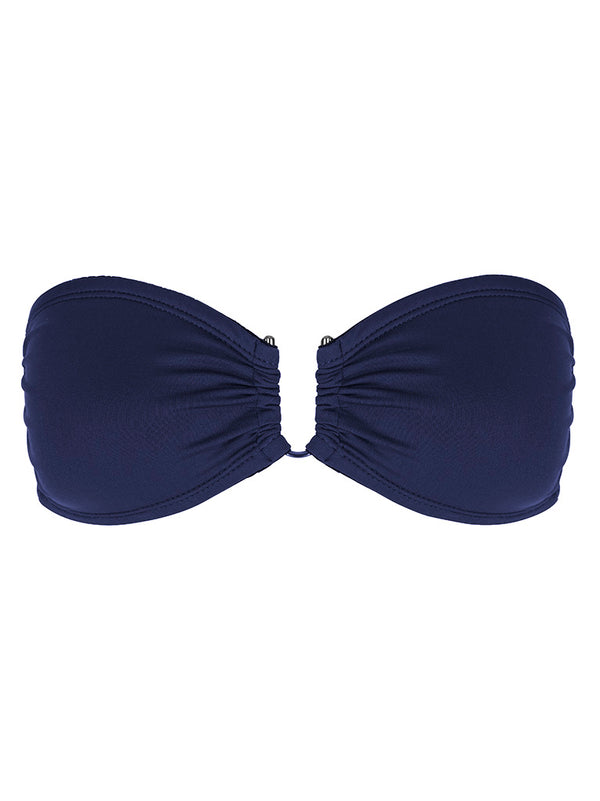 PUERTO VIEJO - Navy. This feminine silhouette is a bandeau-style top with soft gathered cups. Suitable for small to medium bust. The U-shaped gunmetal bar as the front holds the bikini top firmly in place. This top does not feature straps but has the gunmetal hook and fabric fastening at the centre back. 