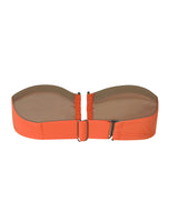 PUERTO VIEJO - Neon Orange. This feminine silhouette is a bandeau-style top with soft gathered cups. Suitable for small to medium bust. The U-shaped gunmetal bar as the front holds the bikini top firmly in place. This top does not feature straps but has the gunmetal hook and fabric fastening at the centre back. 