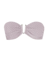 PUERTO VIEJO - Pink Waffle. This feminine silhouette is a bandeau-style top with soft gathered cups. Suitable for small to medium bust. The U-shaped gunmetal bar as the front holds the bikini top firmly in place. This top does not feature straps but has the gunmetal hook and fabric fastening at the centre back. 