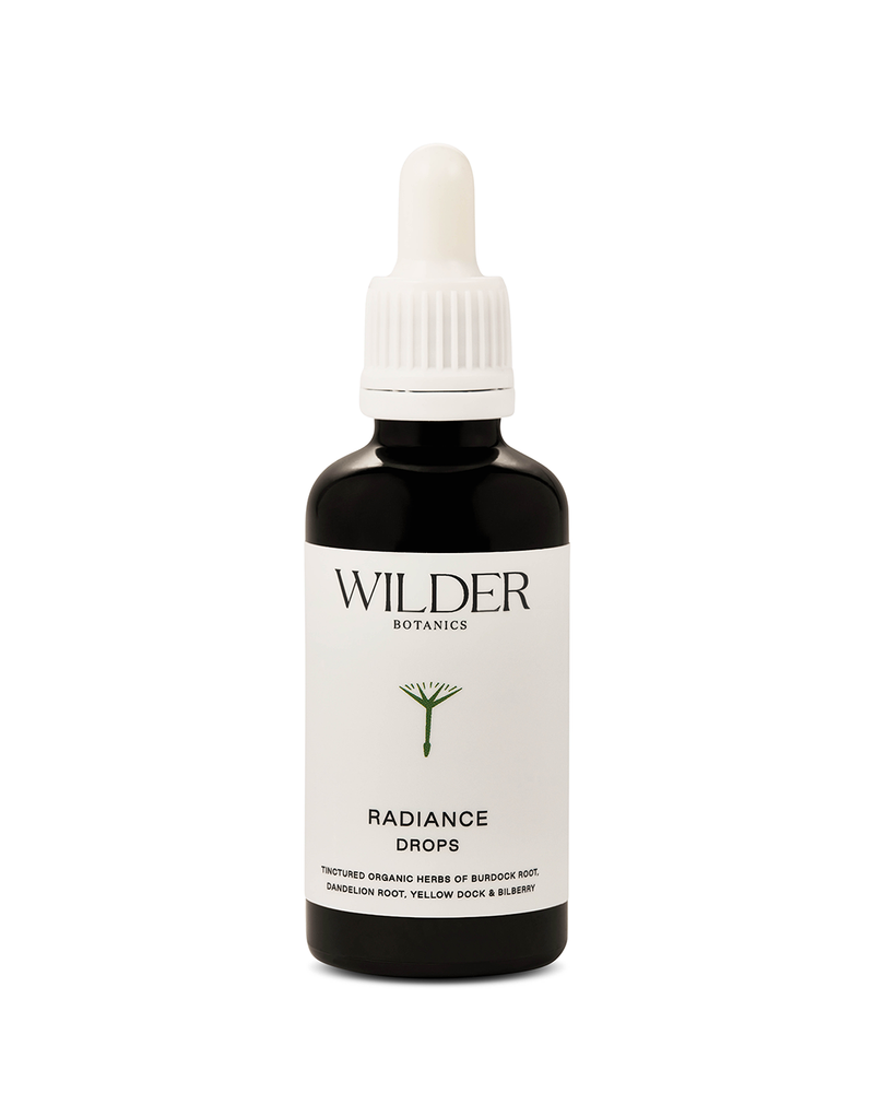 Wilder Botanics - Radiance Drops - Tinctured organic herbs: Burdock Root, Dandelion Root, Yellow Dock and Bilberry. Clenses and detoxifys from the inside helping your skin to glow from the outside. 50ml. 