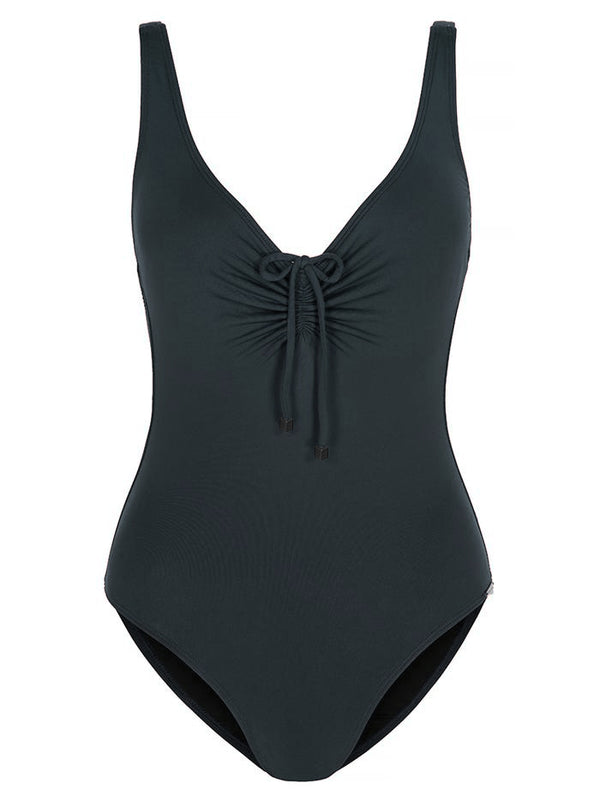 SHELTER ISLAND - Forest Green. This is a simple yet sexy one-piece swimsuit. With a high cut leg, scoop neckline featuring adjustable gathered detail with tie and thin shoulder straps. The back of the body scoops low with gathered detail with tie and the centre back to match the front. This lightweight, matte swim fabric is fully lined.