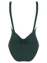SHELTER ISLAND - Forest Green. This is a simple yet sexy one-piece swimsuit. With a high cut leg, scoop neckline featuring adjustable gathered detail with tie and thin shoulder straps. The back of the body scoops low with gathered detail with tie and the centre back to match the front. This lightweight, matte swim fabric is fully lined.