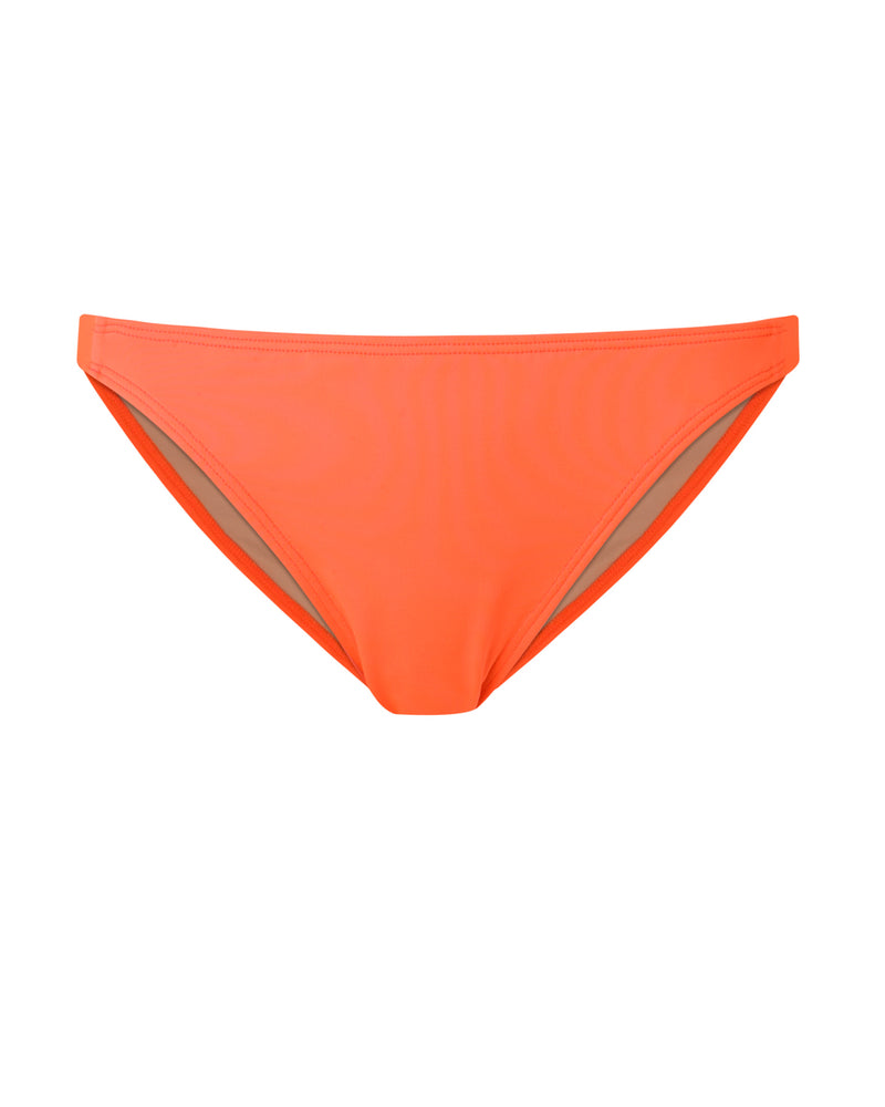 SHIKOKU - Neon Orange. The sporty Shikoku bikini bottom features a high cut leg, thin elastic side tabs and slight yet flattering bottom coverage. The fabric is a diagonally ribbed soft mesh and is fully lined.